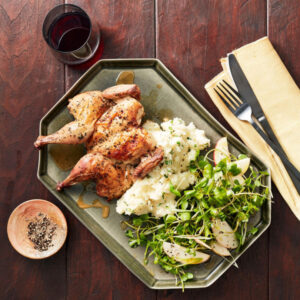 Cornish Hens, Horseradish-Cheddar Potatoes & Cress Salad with Apples