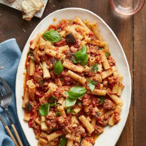 Ziti & Candy-but-Sizzling Sauce with Sausage & Eggplant