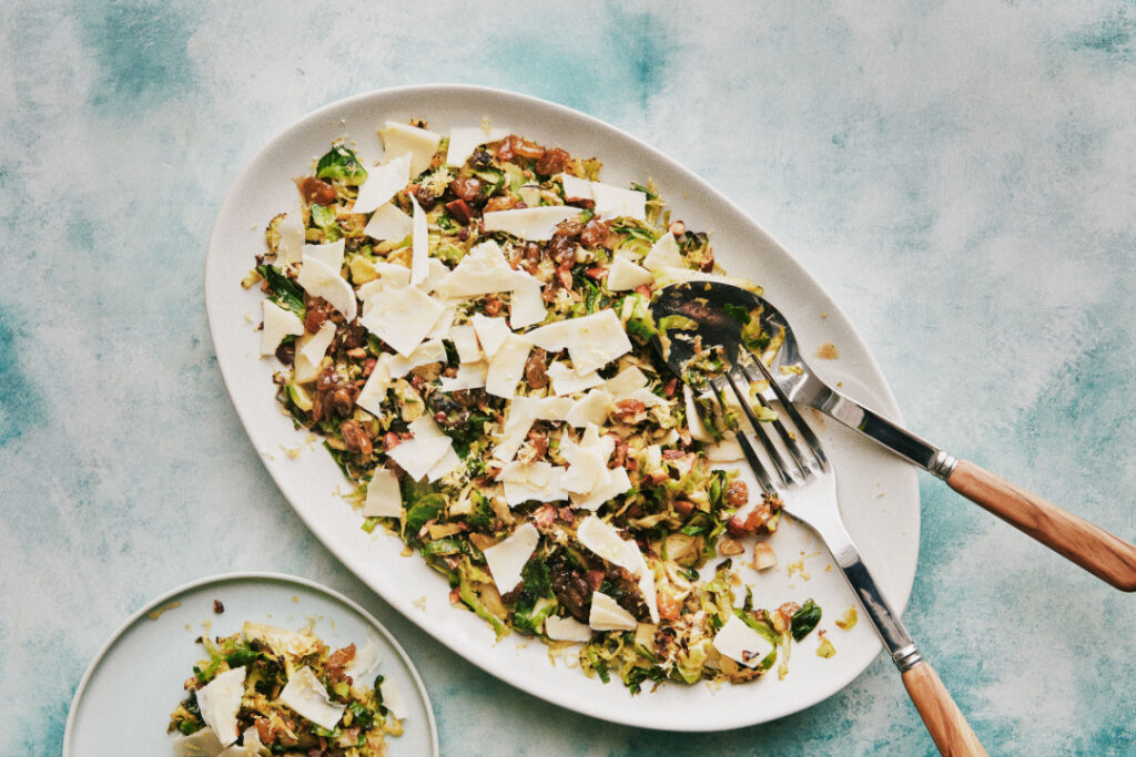 Brussels Sprouts Scamper-Fry With Cheddar and Golden Raisins